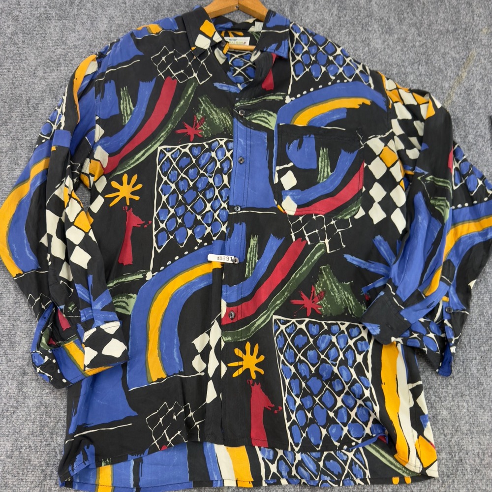 Vintage Natural Issue Silk Abstract Geometric Button Up Shirt Black Size M